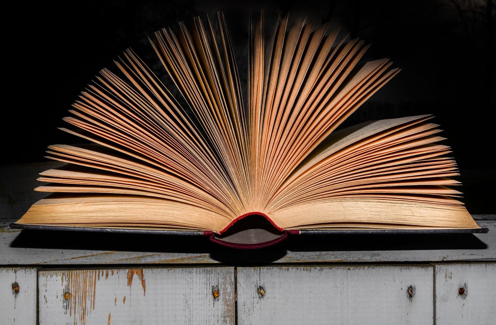 Open hardcover book fanned wide to reveal its layered pages